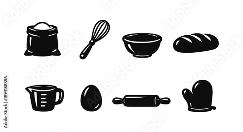 Black and white baking icons: flour, whisk, bowl, bread, measuring cup, egg, rolling pin, oven mitt