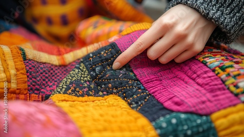 A close-up, high-angle shot showing a person's hand with a finger pointing to a specific textured section of a colorful, handcrafted patchwork quilt. The quilt features various stitched fabrics 