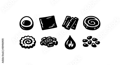 Black and white icons of food ingredients and cooking elements