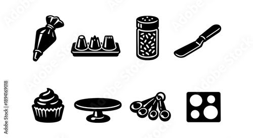 Baking essentials: icing bag, tips, sprinkles, and tools icon set
