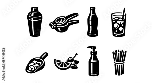 Black and white icons of cocktail shaker, citrus juicer, bottle, and more
