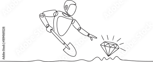 Continuous one line drawing happy robot lifting shovel and finding diamond. Humanoid robot cybernetic organism. Future robotics development concept. one line Icon drawing