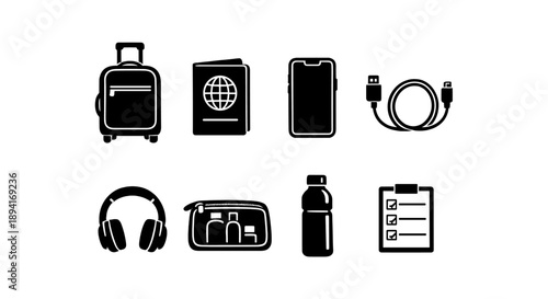 Essential travel icons: suitcase, passport, phone, charger, headphones, toiletries, water, checklist