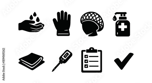 Hygiene and safety equipment icons: gloves, thermometer, sanitizer