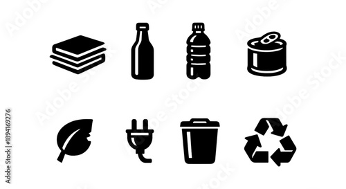Icon set of recycling symbols: glass, plastic, metal, paper, organic, electrical, waste, recycle