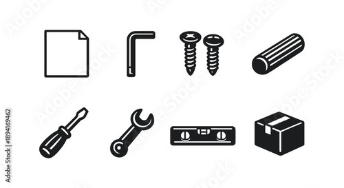 Simple icon set of tools and objects: paper, hex key, screws, dowel, screwdriver, wrench, level, box