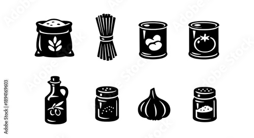 Assorted cooking icons: ingredients and containers in black and white design