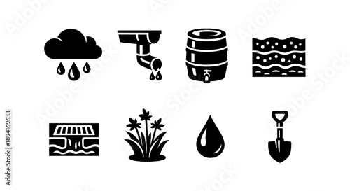 Water conservation icons: rain, gutter, barrel, soil, drain, plants, drop, shovel