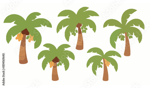 Cute cartoon date palm tree vector set with tropical palms isolated on white background