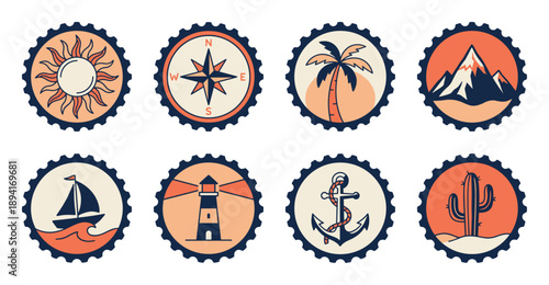 Vintage Flat Style Nautical and Desert Adventure Postage Stamp Collection for Travel Stationery