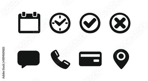 Set of eight black icons: calendar, clock, checkmark, cross, chat, phone, credit card, and location pin