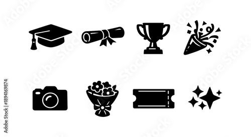 Graduation celebration icons: cap, diploma, trophy, confetti, camera, flowers, ticket, stars
