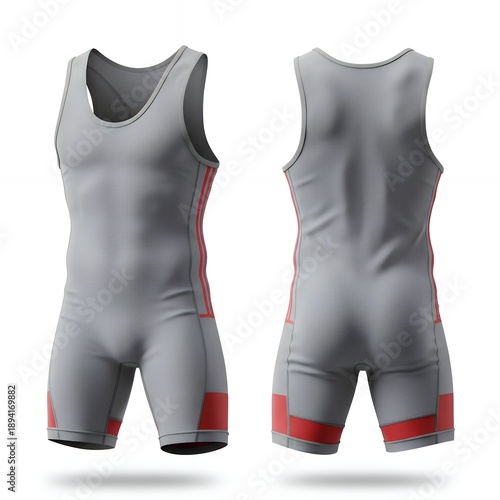 Grey and Red Trimmed Wrestling Singlet Mockup Set, Front and Back View of Athletic One-Piece Bodysuit for Professional Sports and Weightlifting Teams
