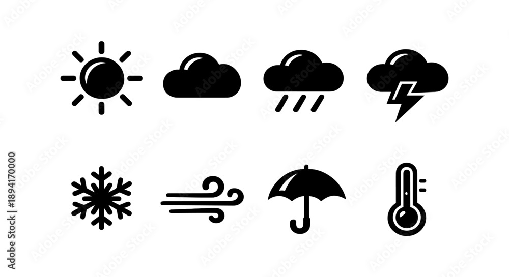 Obraz premium Weather icons: sun, clouds, rain, lightning, snow, wind, umbrella, thermometer