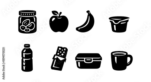 Silhouette icons of snack items including fruits and beverages