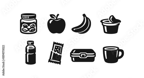 Assorted food icons: supplements, fruits, snacks, beverages