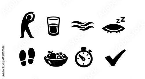 Health and wellness icons illustrating exercise, hydration, relaxation, sleep, nutrition, time management