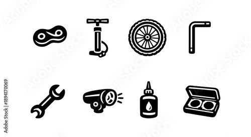 Bicycle repair tools and accessories icons set