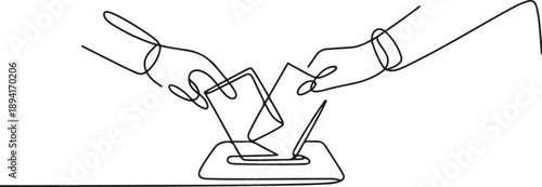 One line drawing of hands casting ballots into a box, an international event concept for the International Day of Democracy, highlighting free elections. one line Icon drawing
