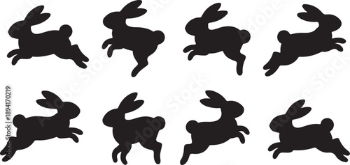 Various black silhouette icons representing Easter elements including rabbits, eggs, chicks, baskets, and festive decorations