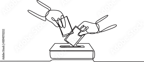 One line drawing of hands casting ballots into a box, an international event concept for the International Day of Democracy, highlighting free elections. one line Icon drawing