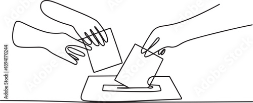 One line drawing of hands casting ballots into a box, an international event concept for the International Day of Democracy, highlighting free elections. one line Icon drawing