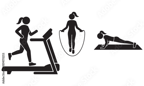 Female gym workout silhouettes – treadmill, jump rope, push up