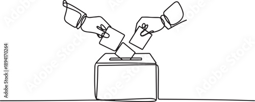 One line drawing of hands casting ballots into a box, an international event concept for the International Day of Democracy, highlighting free elections. one line Icon drawing