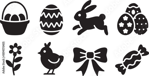 A collection of black silhouettes featuring common Easter holiday symbols including eggs, bunnies, chicks, and baskets