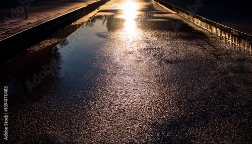 dark street with wet asphalt and reflections of rays in the water