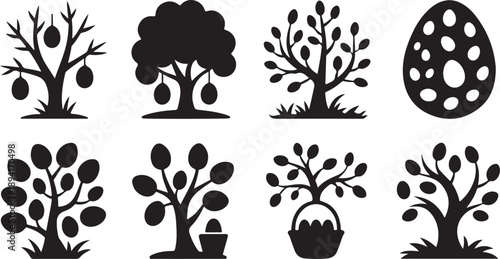 A compilation of black silhouette trees adorned with Easter eggs, alongside a large single decorated egg design