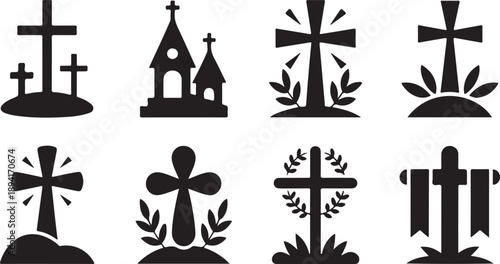 A varied set of black silhouettes displaying different Christian crosses and religious symbols with foliage elements
