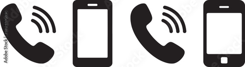Black phone and mobile phone icons with signal waves on transparent background