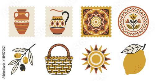 Mediterranean Aesthetic Terracotta Pottery and Summer Fruit Postage Stamp Collection for Travel Stationery