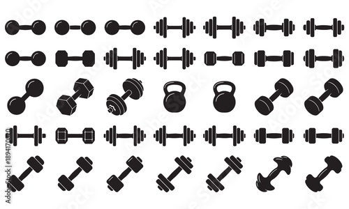 Large dumbbell and kettlebell silhouette vector pack – gym fitness weights collection