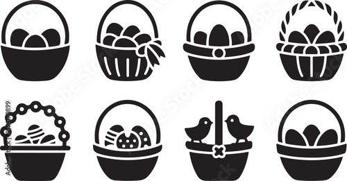 Collection of various black silhouette Easter baskets filled with decorated eggs for holiday designs and celebrations