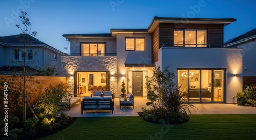 Modern luxury house exterior at dusk with illuminated windows and landscape design