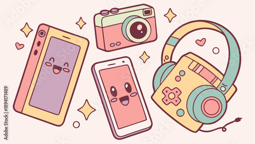 Kawaii Pastel Gadgets Illustration Cute Smartphones Camera and Headphones for Youth Lifestyle Social Media and Digital Entertainment Design