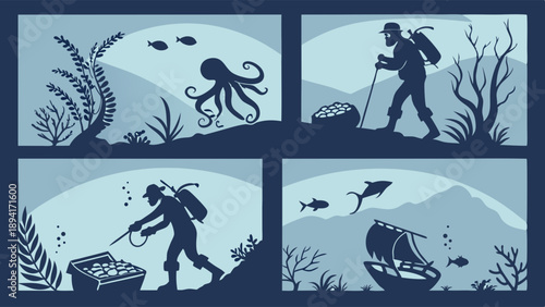 Adventure Exploration Silhouette Set Deep Sea Diving Treasure Hunt Shipwreck and Hiker Journey Minimalist Design Nautical and Travel Discovery