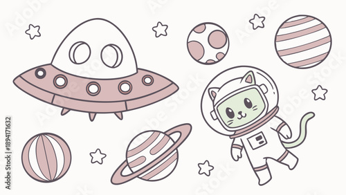 Cute Kawaii Cat Astronaut Floating In Space With Planets And UFO Cartoon Line Art Illustration Whimsical Coloring Page Design For Kids