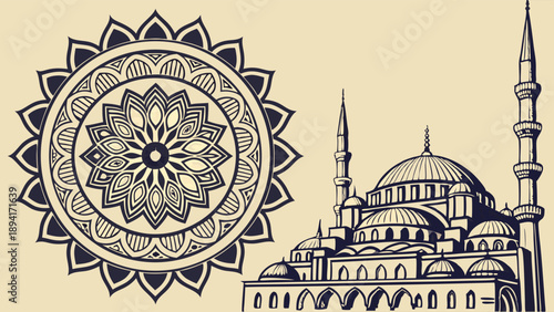Ottoman Mosque Architecture and Geometric Islamic Mandala Line Art Drawing for Middle Eastern Travel and Spiritual Culture Design