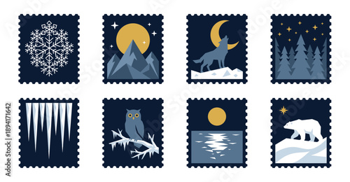 Minimalist Winter Wilderness Aesthetic Postage Stamp Collection for Nordic Seasonal Branding