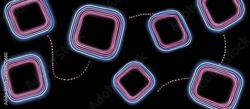 Black and pink background with a series of squares and circles. The squares and circles are in different sizes