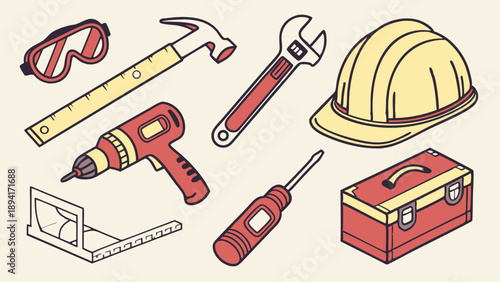 Isometric Construction Tools Set Hard Hat Hammer Drill Wrench and Toolbox for Professional Building and Home Repair Services