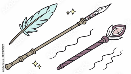 Mystical Fantasy Magic Weapons Collection Vector Illustration Wizard Staff Wand and Feather Quill for Game Design Assets