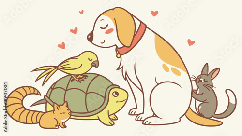 Cute Diverse Pet Animals Group Dog Cat Turtle Bird Rabbit Illustration Showing Friendship and Harmony for Veterinary and Childrens Design