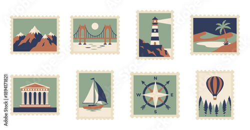 Minimalist Flat Vector Travel Icon Postage Stamp Collection for Scandi Aesthetic Stationery and Scrapbooking