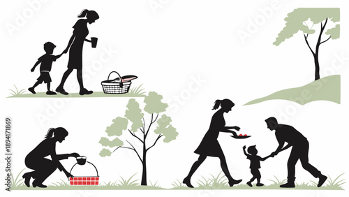Vector Silhouettes of Families Picnicking in the Park Happy Parents and Toddlers Outdoor Summer Leisure Activity
