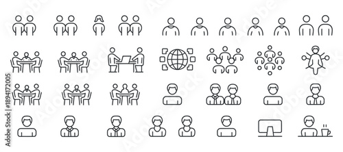 Line art icons depicting various groups of people and business interactions
