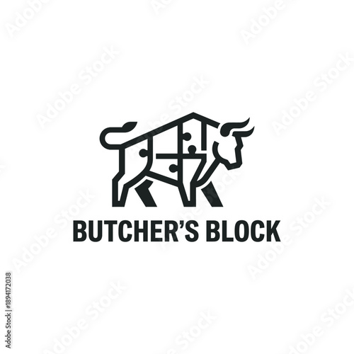 Black line art bull with meat cut diagram icon for steakhouse or premium butchery shop identity logo isolated on white BUTCHER'S BLOCK
